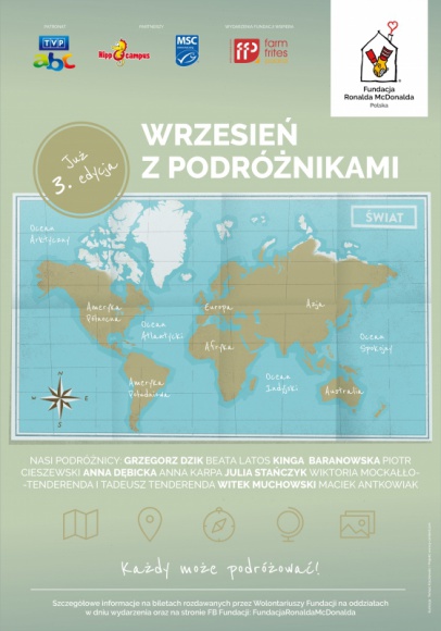 „Wrzesień z podróżnikami” z Fundacją Ronalda McDonalda Podróże, LIFESTYLE - „Wrzesień z podróżnikami” to trwający miesiąc festiwal spotkań z niezwykłymi ludźmi, odwiedzającymi Pokoje Rodzinne Fundacji Ronalda McDonalda w Szpitalu Pediatrycznym WUM w Warszawie.